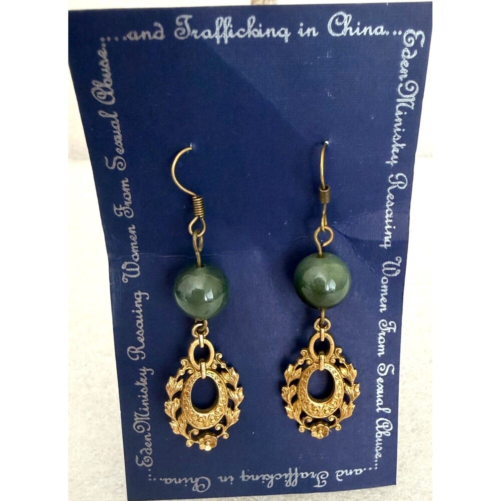 Eden Ministry Artisan Jade Green Bead Filigree Drop Dangle Earrings NWT